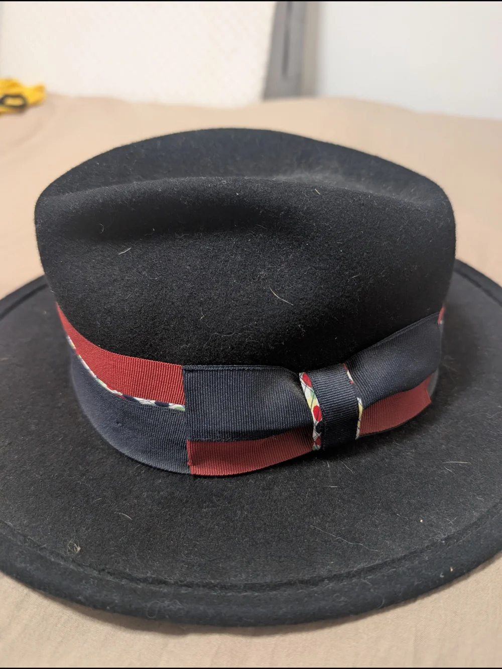 ADORA Black Fedora with Burgundy & Navy Ribbon Accent
